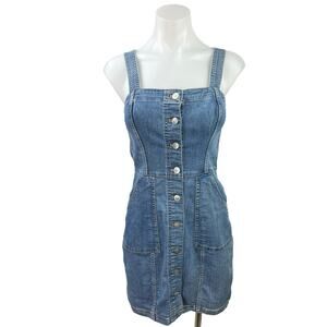 H&M Blue Denim Square Neck Sleeveless Button Mini Overalls Jumper Jean Dress 4